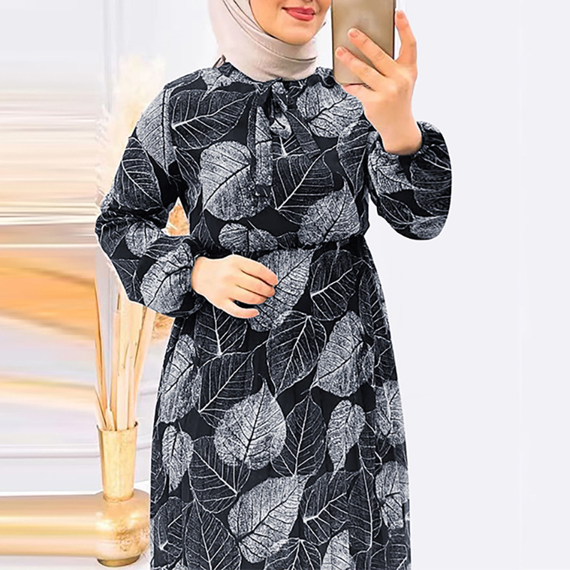 M2236 Middle East Dubai Women's Robe New Leaf Pleated Skirt Fashionable Waist-Cinching Dress_ecoleips.com