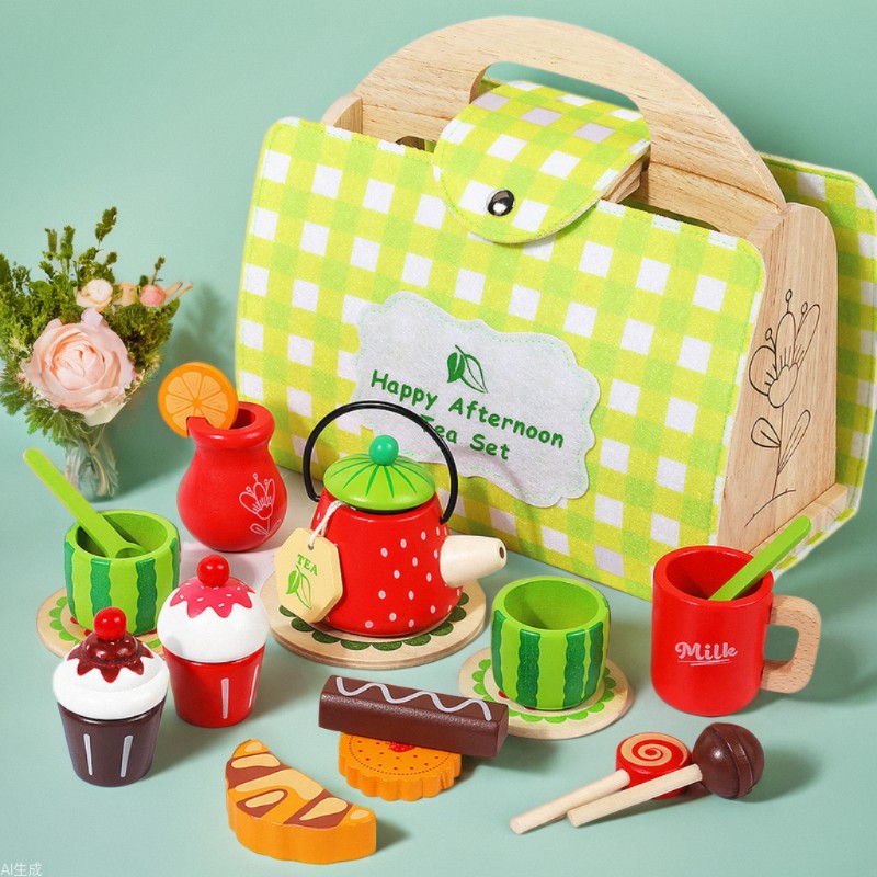 Madera transfronteriza para niños té de la tarde postres simulación de té paquete de bolsas de mano juegos de juguetes para niños