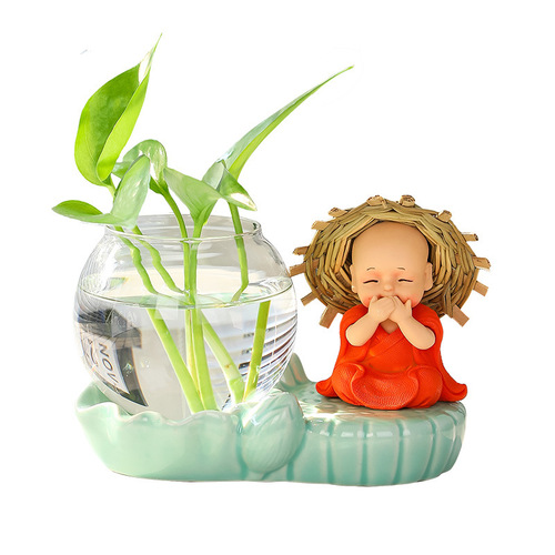 New Zen style straw hat little monk water-cultured green radish hydroponic decoration home office desktop ornaments vase flower utensils