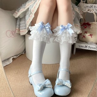 Japanese Lolita Lace Blue Bow Pure Cotton Calf Socks for Women Spring and Summer Lolita Mid-Calf Socks