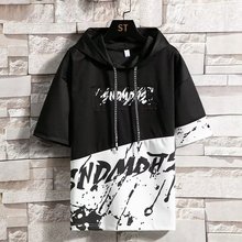 跨境一件代发夏季男士短袖t恤潮流带帽男装衣服夏天宽松半袖连帽