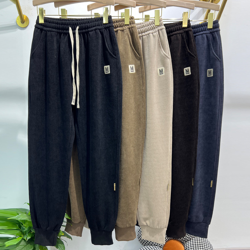 2024 Autumn New Style European Cotton Velvet Casual Pants Plus Size Loose Cashmere Thin Striped Outdoor Sports Sweatpants