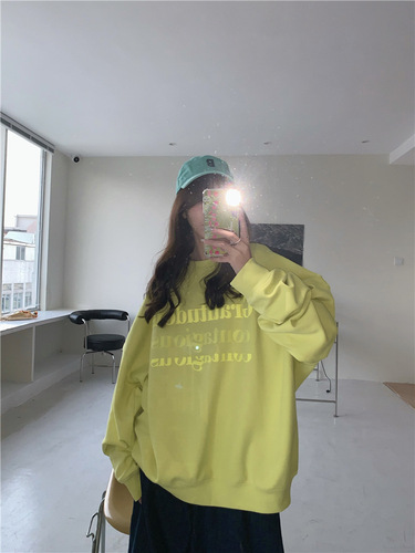 Women's Long-Sleeve Padded Sweatshirt with Letter Print for Autumn/Winter, Loose Fit, Casual Student Top