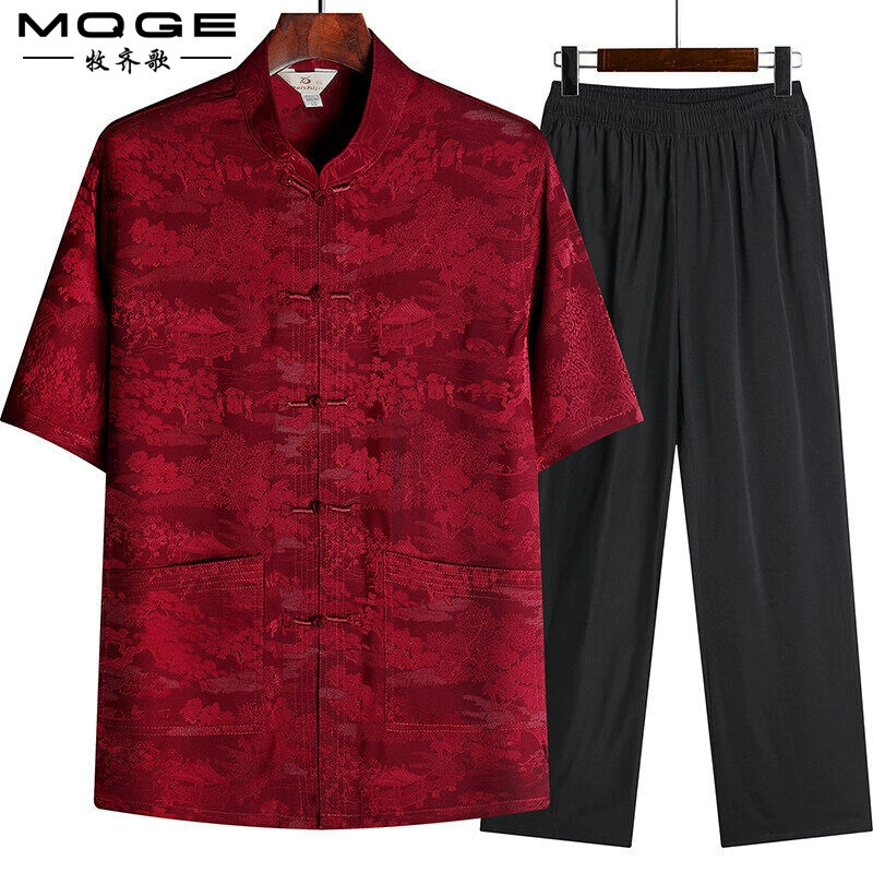 Тан одеваются мужчины среднего и пожилого возраста Летний ледяной шелк повседневный папа костюм с короткими рукавами Китайский стиль рыхлый национальный прилив отцовский костюм