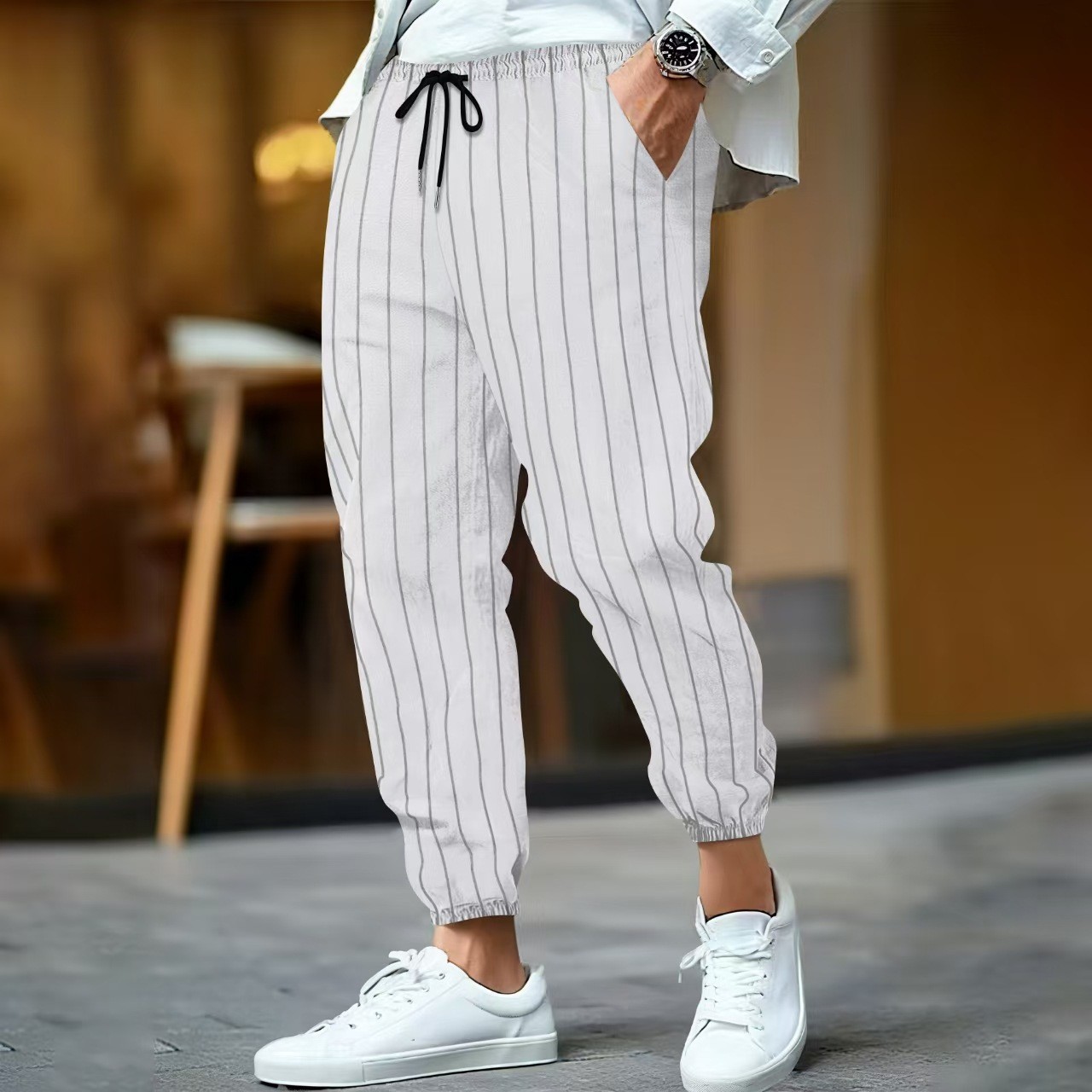 2025 New European and American Hot-Selling Casual Men's Simple Versatile Striped Linen Loose Breathable Fashion Sports Pants