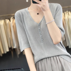 夏季新款V领套头短袖精纺羊毛宽松显瘦针织衫女打底气质半袖上衣