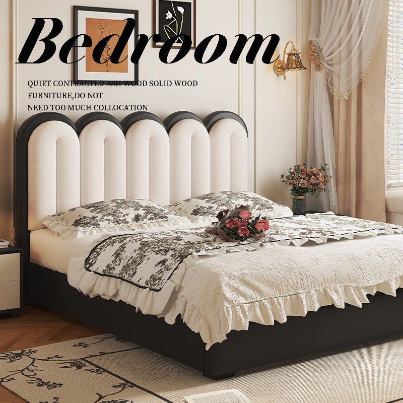 French Cream Style Bed for Girls, Internet Celebrity Creative Master Bedroom Storage Double Bed, High Backrest Soft Leather Bed