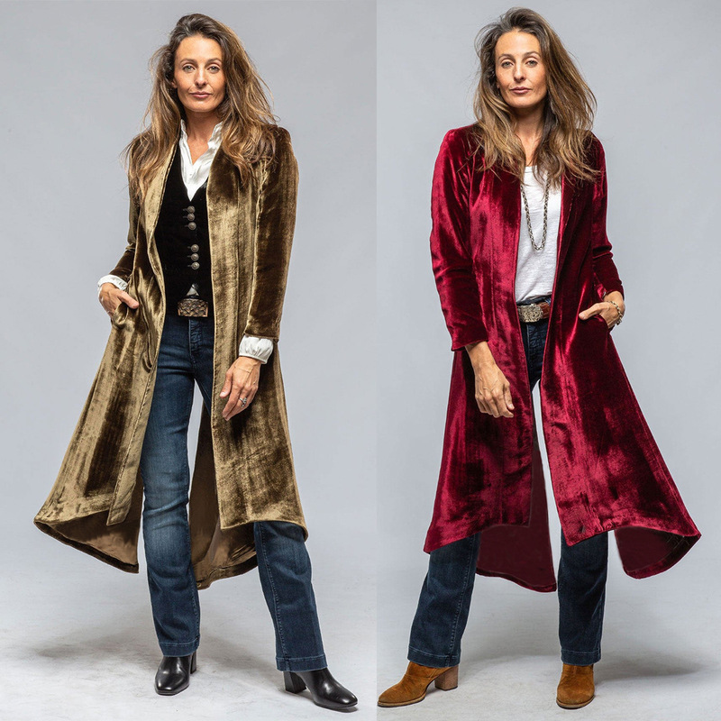 Cross-Border 2025 New European and American Clothing Velvet Long Cardigan Pure Color Retro Slit Outwear Windbreaker Loose Outwear