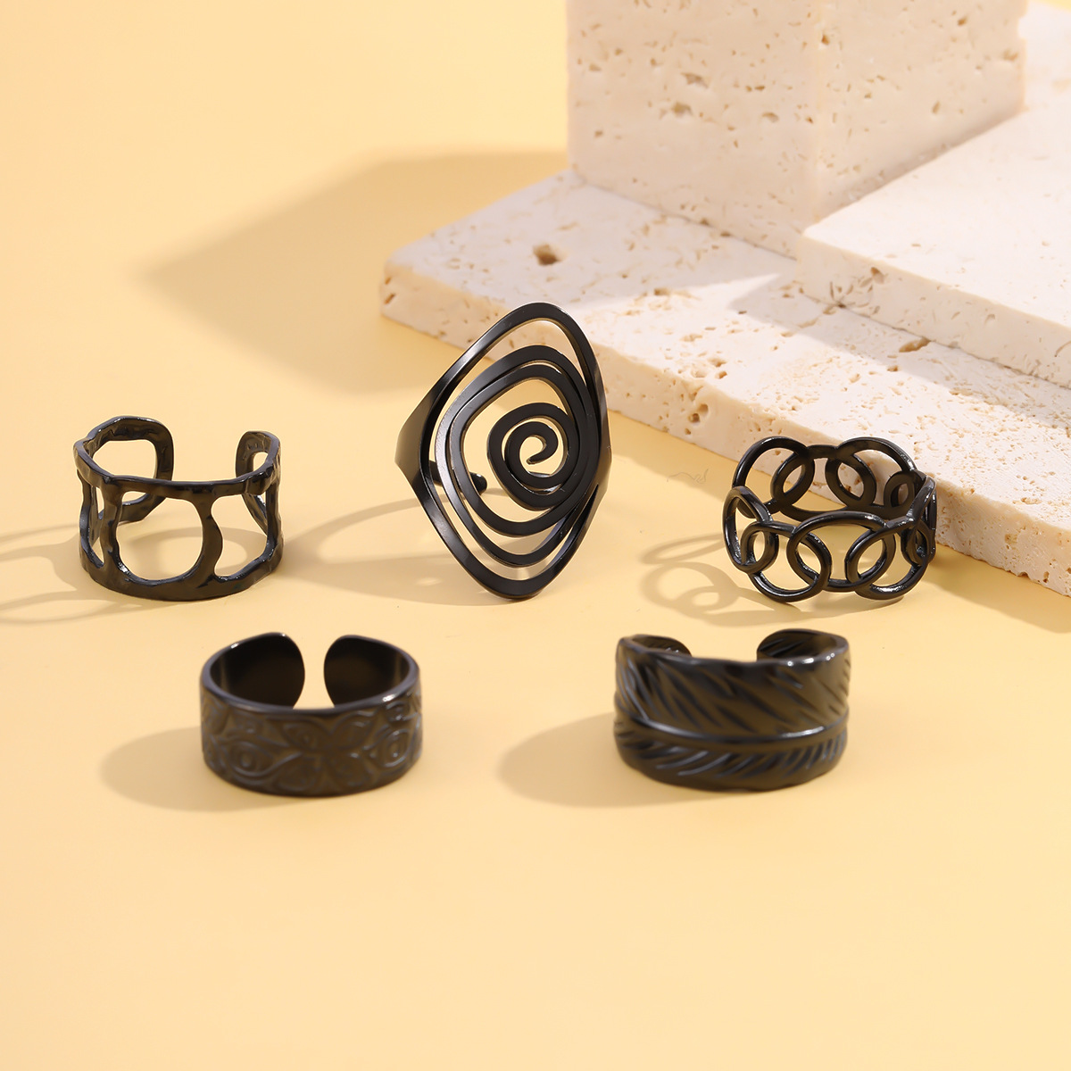 European and American Cross-Border Stainless Steel Ring Women's Geometric Lines Irregular Dark Style Black Men's Ring Jewelry Accessories