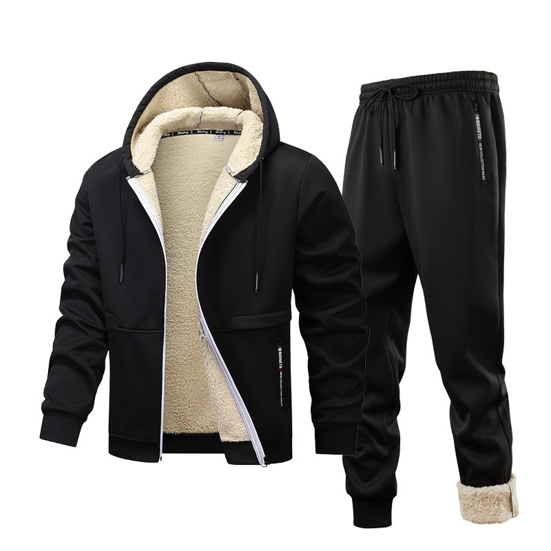 Cross-Border European Size Spring and Autumn Thickened Lamb Wool Sweatshirt and Pants Set, Warm Jacket, Men's Sports Casual Suit for Youth