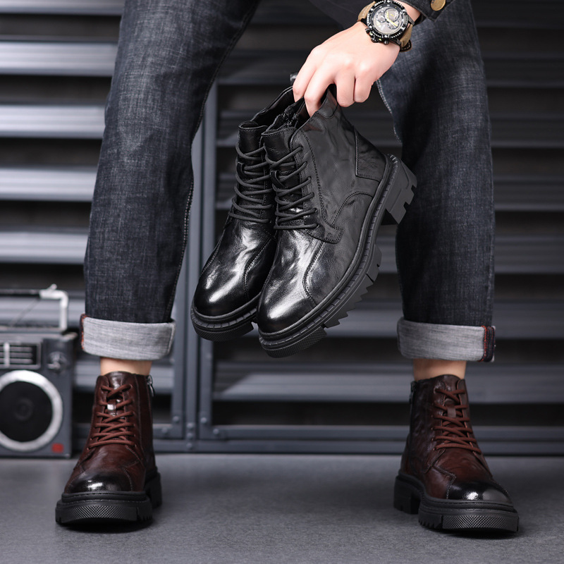 Primera capa de piel de oveja de los hombres botas Martin de alta superior forrado de lana caliente zapatos acolchados de algodón Mono de cuero botas de los hombres de moda botas de cuero