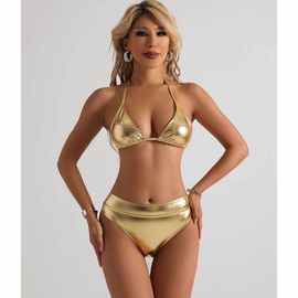 欧美平角泳衣女遮肚比基尼泳装纯色烫金分体