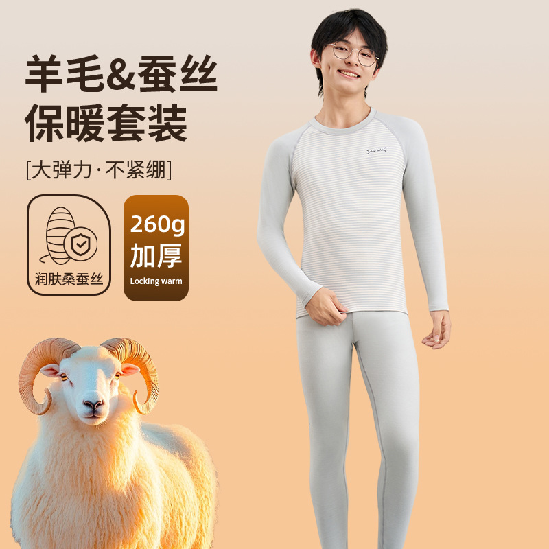 Teenagers' Wool and Silk Thermal Underwear Set for Boys, Fleece-Lined and Thickened, Suitable for Middle and High School Students and Older Children