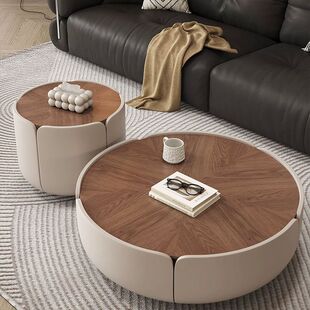 Italian Round Rock Plate Coffee Table Advanced Combination Household Solid Wood Coffee Table Small Apartment Light Luxury Walnut Simple Modern