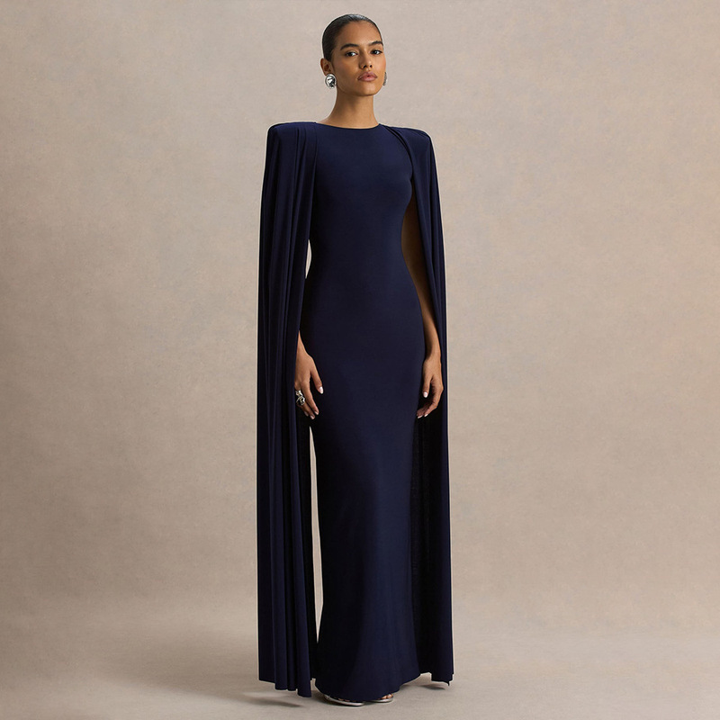 European and American Autumn and Winter Women's Banquet Party Evening Dress Solid Color Round Neck Pleated Shawl Slim Elegant Long Skirt