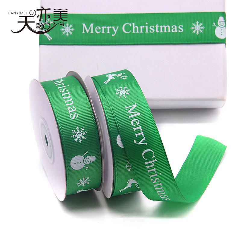 Cinta de embalaje de regalo de Navidad verde rojo 2,5 cm cinta de árbol de Navidad cinta de costilla de muñeco de nieve de Navidad al por mayor