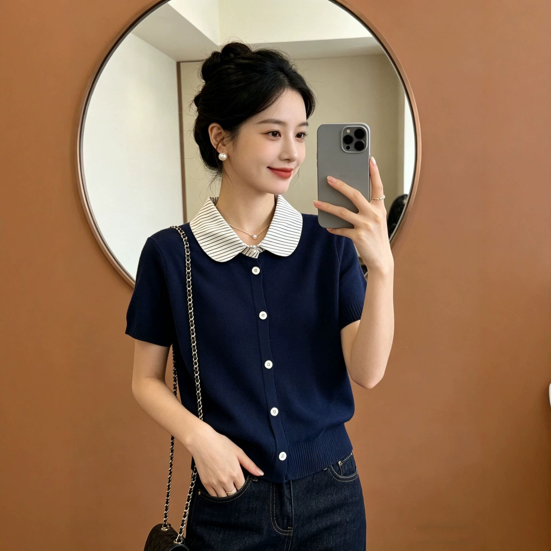 针织开衫女夏季新款学院风假二件撞色POLO领短袖开衫衬衣领上衣