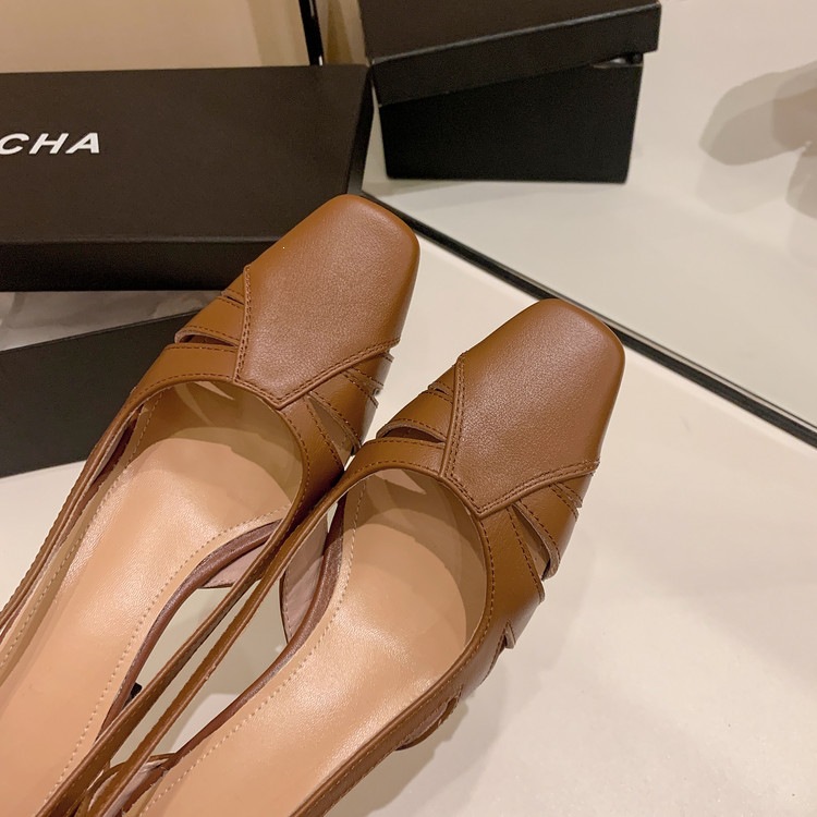 Giày cao gót nữ da thật mũi vuông nhỏ, gót cao 9 cm, phong cách thời trang xuân hè — màu nâu, màu trắng ngà chi tiết 94