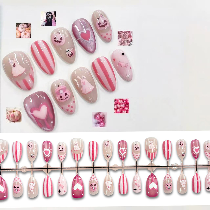 Halloween nails pink little devil striped press-on nails ins cross-border European and American Halloween nail patches