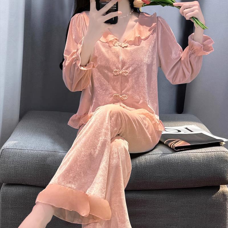 [1489 Collection] Pajamas Women's Spring and Autumn Golden Velvet Small Lapel Sweet Chinese Style Buckle Cardigan Two-Piece Set
