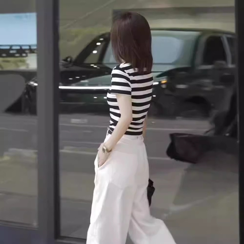 2024 Summer Striped Color Contrast Slim-fit Short-sleeved Top High Waist Straight Narrow Wide Leg White Jeans suit Women