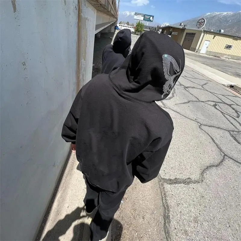 Gilet à capuche imprimé strass, fermeture éclair, coupe ample, unisexe, style Y2K_voghion.com