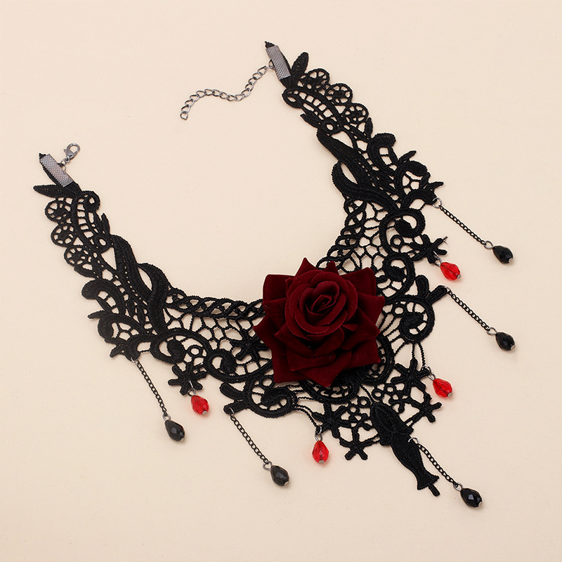 Women'S Gender Gothic Lace Rose Necklace Tassel Choker Necklace Necklace