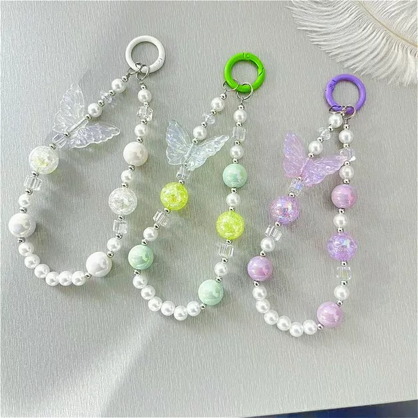 Korean and Japanese Style Crystal Anti-Pearl Handmade Beaded Keychain, Girly Colorful Butterfly Keychain Pendant, Phone Chain
