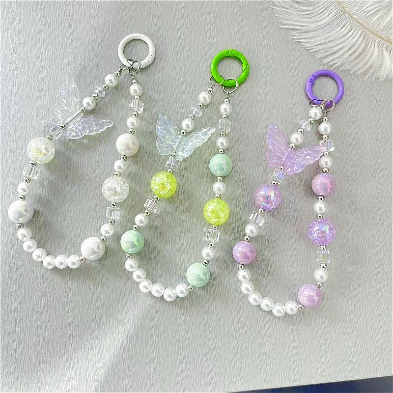 Korean and Japanese Style Crystal Anti-Pearl Handmade Beaded Keychain, Girly Colorful Butterfly Keychain Pendant, Phone Chain Korean and Japanese Style Crystal Anti-Pearl Handmade Beaded Keychain, Girly Colorful Butterfly Keychain Pendant, Phone Chain