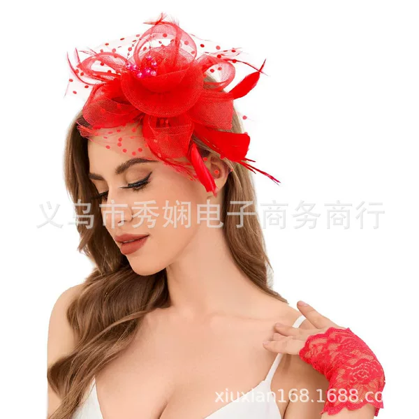 2-Piece Set of Mesh Headband + Gloves Combination European and American Hair Accessories Feather Bridal Horse Racing Festival Headdress Tea Party Headband