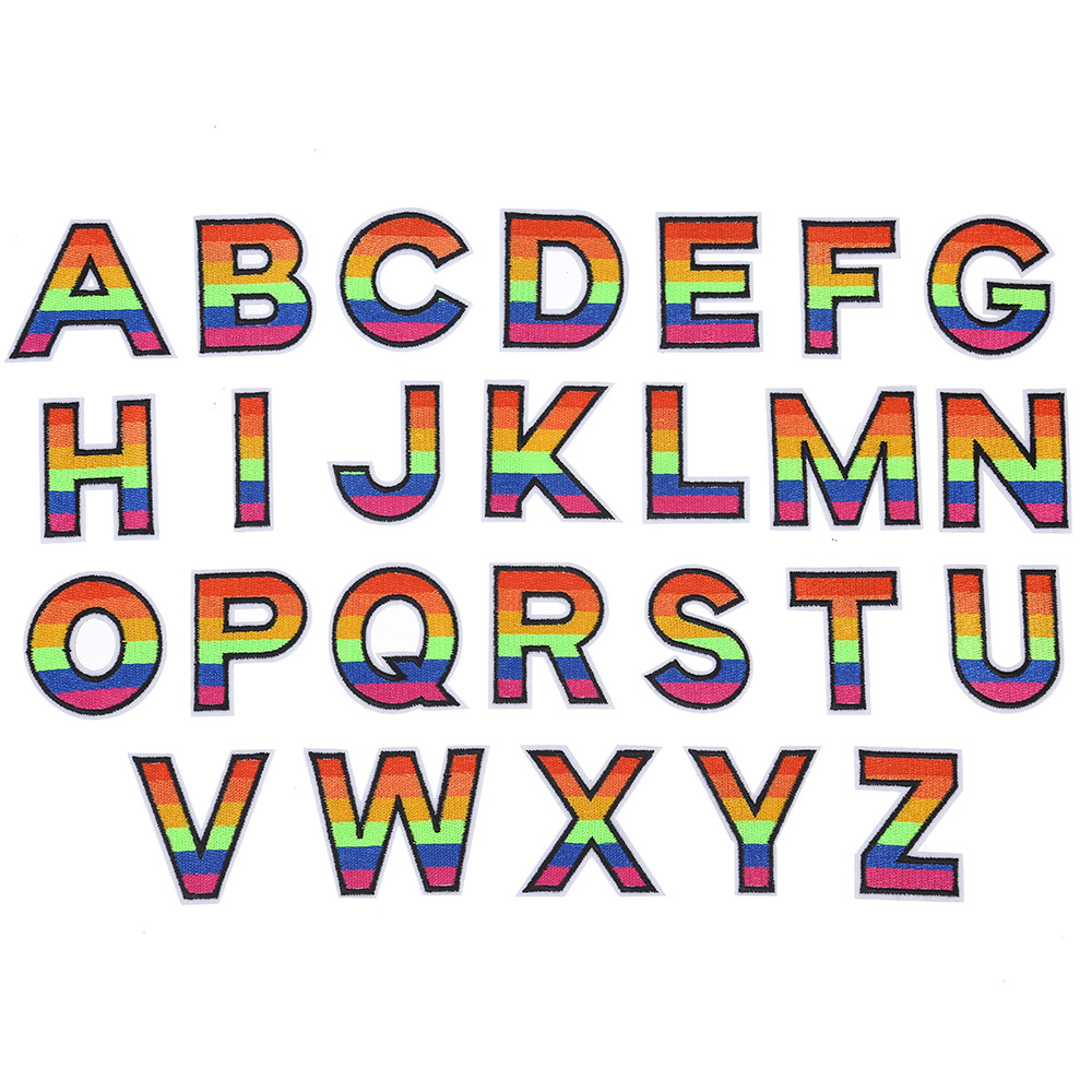 刺绣布贴彩虹色英文字母布贴热熔胶服装辅料绣花标源头工厂补丁贴