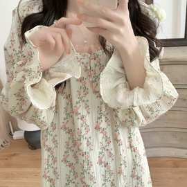实拍 新款棉纱花朵花边连衣裙家居服睡衣