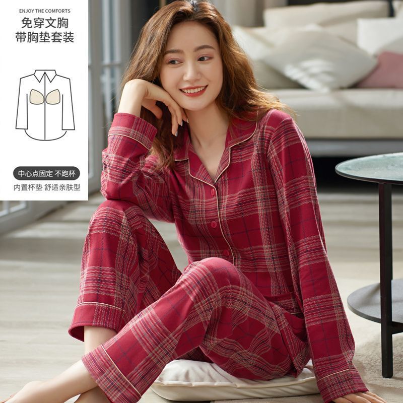 Pijama con cojín de pecho para mujeres primavera y otoño mangas largas 2023 nuevo conjunto de ropa de casa de otoño para mujeres