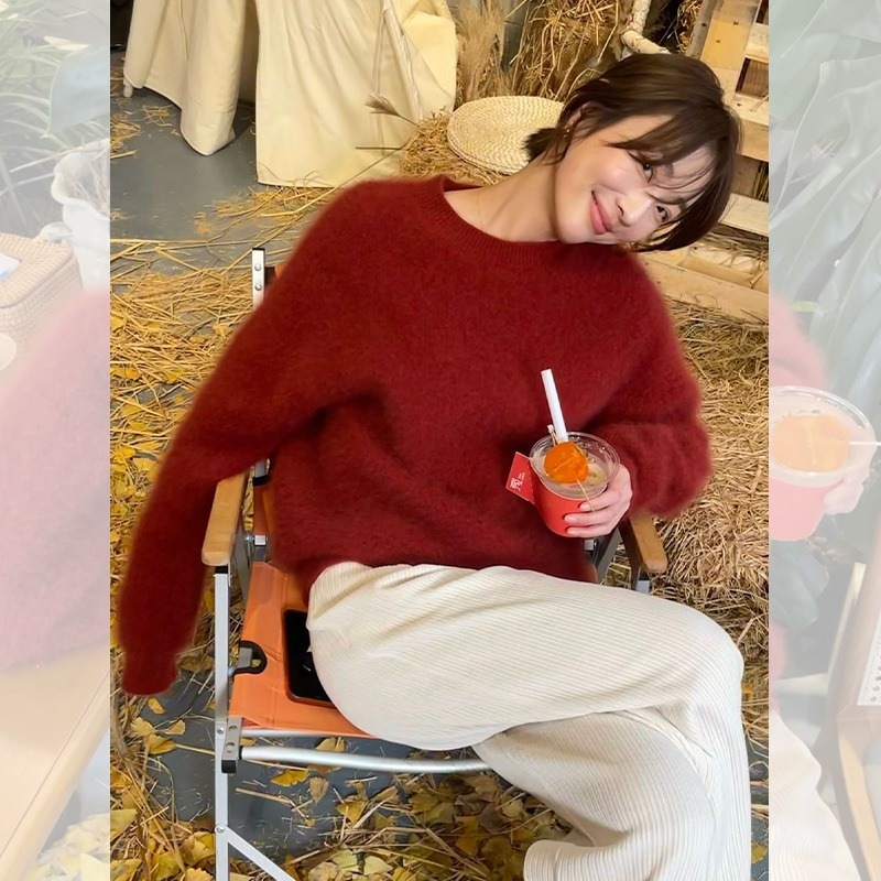 韩版秋冬新款炸街小众圆领毛衣女薄荷绿海马毛温柔针织衫外穿上衣|undefined