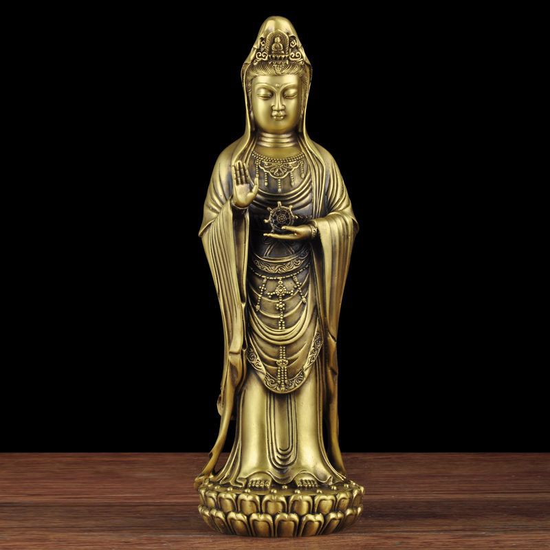 铜普陀观音像摆件观世音菩萨观音莲花站像家用寺庙佛堂供奉用