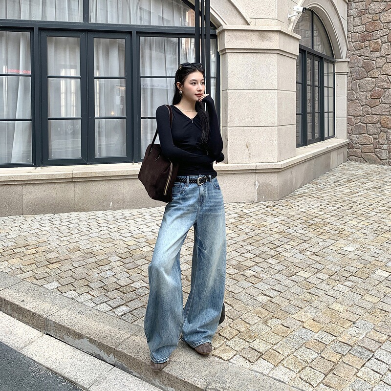 25 Autumn and Winter New Style Heavy-Duty Washed Small Scimitar Non-Elastic Low-Waist Loose Wide-Leg Jeans Women's Denim Thick