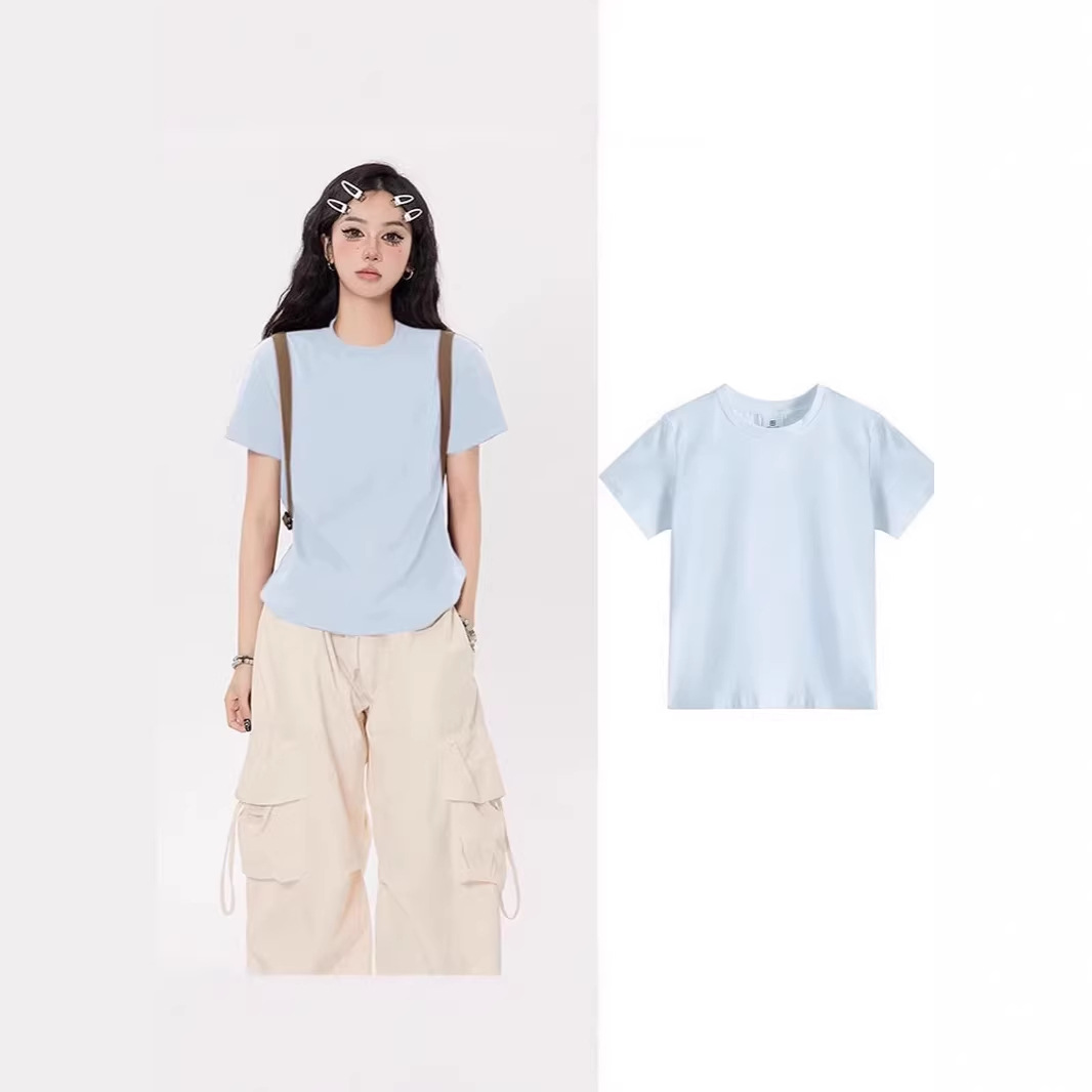 Sky Blue Spicy Girl Style Short-Sleeve T-Shirt for Women, Summer Petite Round Neck Slim Fit High-Waisted Top Ins