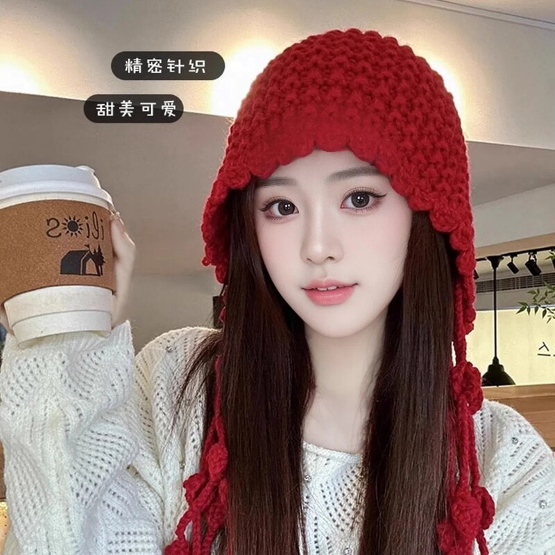 日系网红流苏毛线帽子女秋冬季雷锋帽韩版甜美可爱护耳包头针织帽|undefined