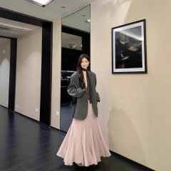 法式高级感灰色西装外套女2025秋季新款宽松中长款炸街长袖西服潮