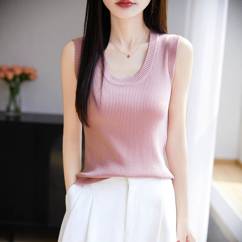 New Style Curved Bead Ice Silk Thin Vest for Women, U-Neck Camisole, Sleeveless Inner Knit Fashionable Slimming Base Shirt New Style Curved Bead Ice Silk Thin Vest for Women, U-Neck Camisole, Sleeveless Inner Knit Fashionable Slimming Base Shirt