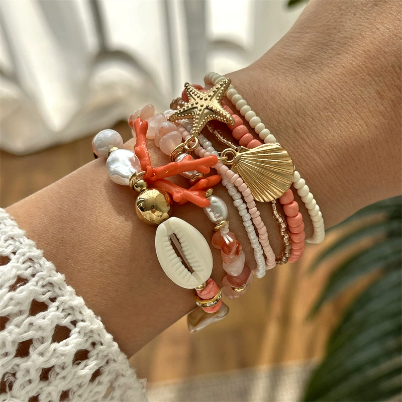 Bracelet set, marine woven ceramic design, multi-layer shell & bead stack (seasonal trend)