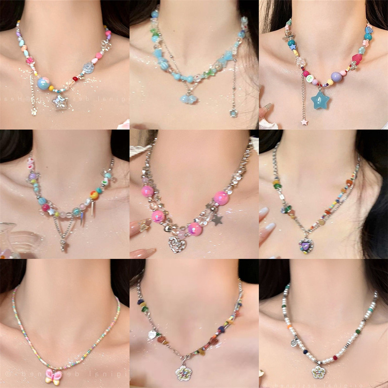 2025 New Colorful Beaded Star Necklace for Women, Niche Design, Internet Celebrity Clavicle Chain, Dopamine Sweet Cool Spicy Girl Style