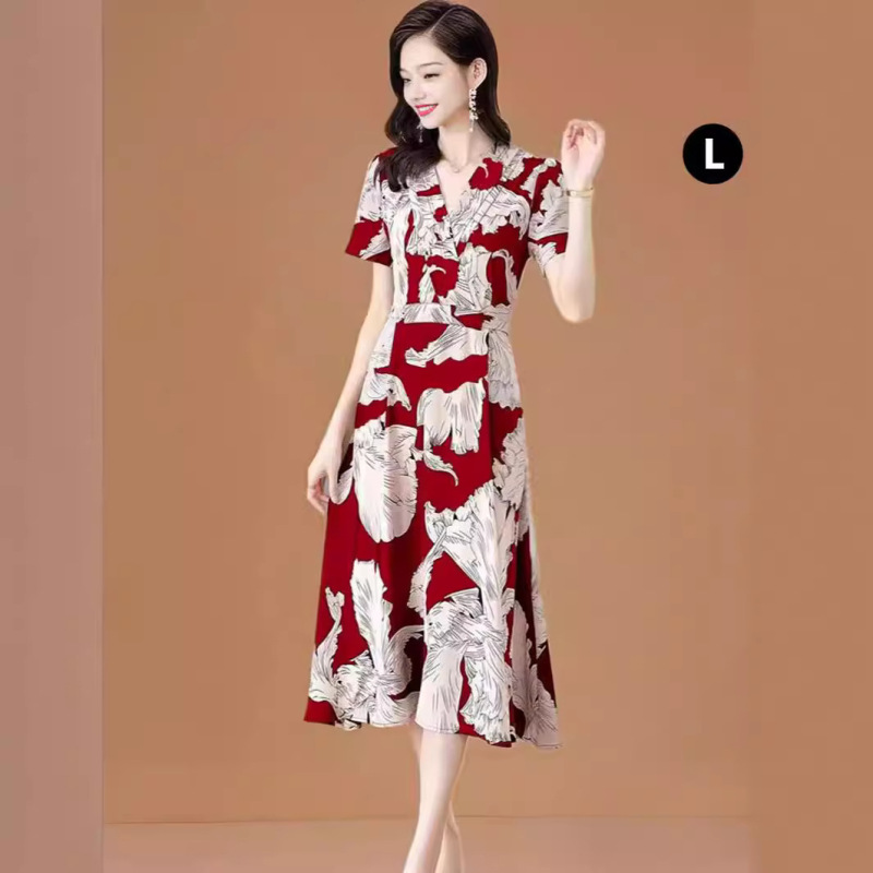 Cross-Border Wholesale Mom Dress Summer New Slim Waist Fashionable Large Size High-End Mid-Length Skirt Foreign Trade