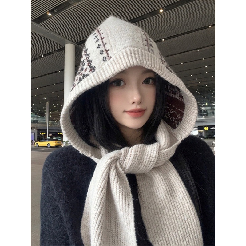 Fair Isle knitted balaclava, women's winter hat with a large head circumference, hooded, and integrated scarf