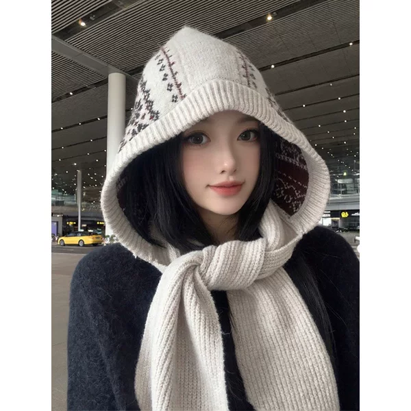 Fair Isle knitted balaclava, women's winter hat with a large head circumference, hooded, and integrated scarf