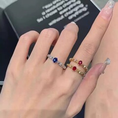 Japanese-style red and blue zircon ring for women, with pigeon egg-style setting, fashionable, light luxury, high-end, niche, stackable, open-finger ring