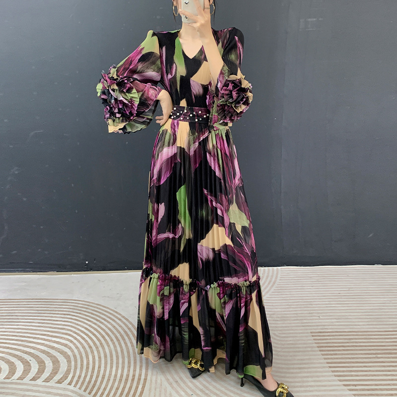 2026 European and American Cross-Border Independent Foreign Trade Women's Clothing Issey Miyake Pleated Floral Print Long-Sleeve Long Dress