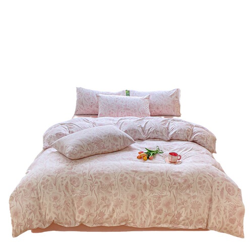 Premium A-grade Washable Cotton Double-Layer Gauze Four-Piece Set with Small Floral Print: Duvet Cover, Fitted Sheet, and Bed Sheet – Perfect for Student Dorms