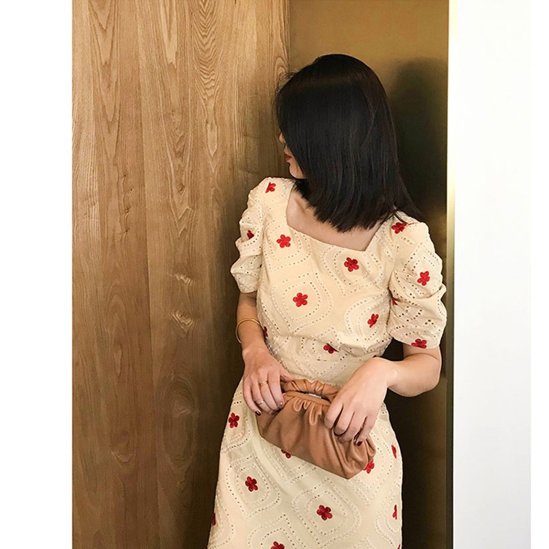 Váy maxi ren vai vuông phong cách Hepburn FL21199, chất voan mùa hè dài ngang đùi — Màu như hình