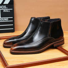 英伦尖头雕花皮鞋男高帮西装正装男士皮靴商务手工切尔西靴男亮面